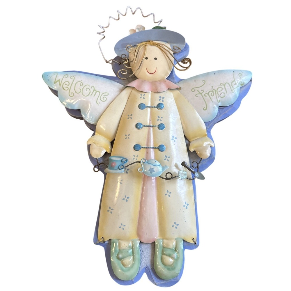 Wooden & Metal Angel Welcome Friends Wall Door Hanger‎ Porch Garden Vintage